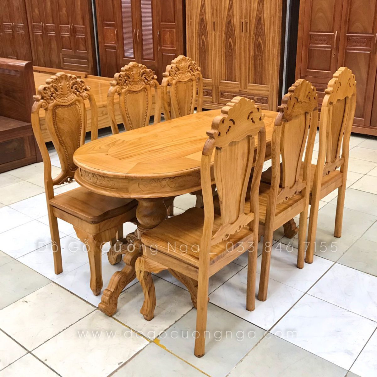 Bàn ăn 6 ghế gỗ gõ đỏ với đường cong mềm mại