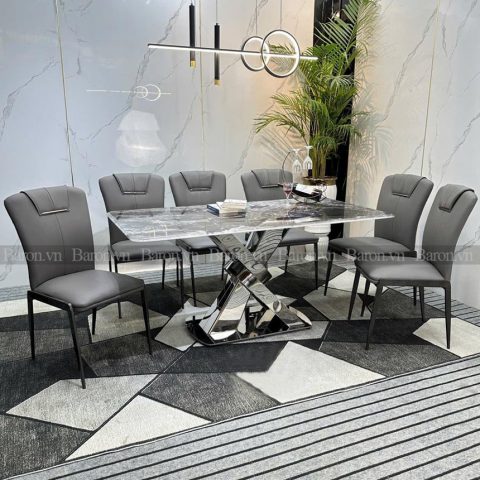 Bàn ăn chân inox mặt đá tự nhiên chữ X cho 6 người
