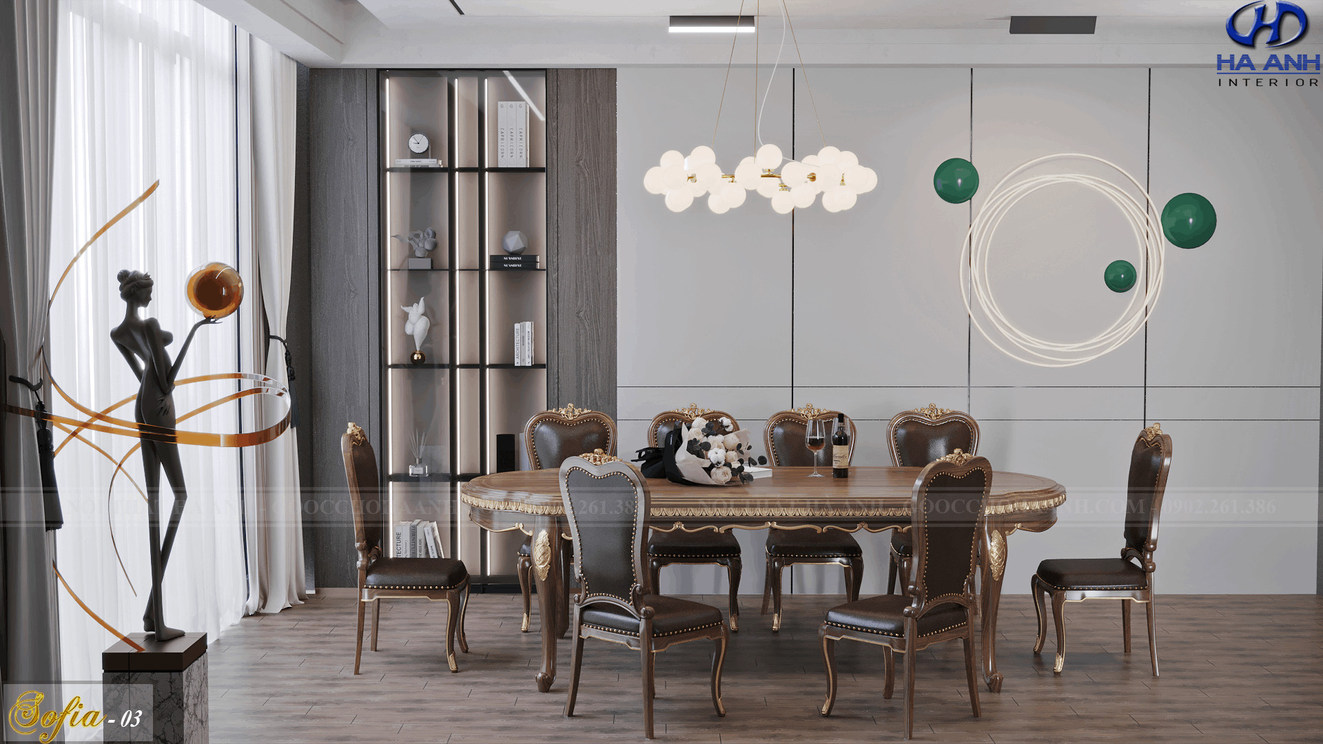 Bàn ăn chữ nhật tân cổ điển lớn phù hợp cho đại gia đình