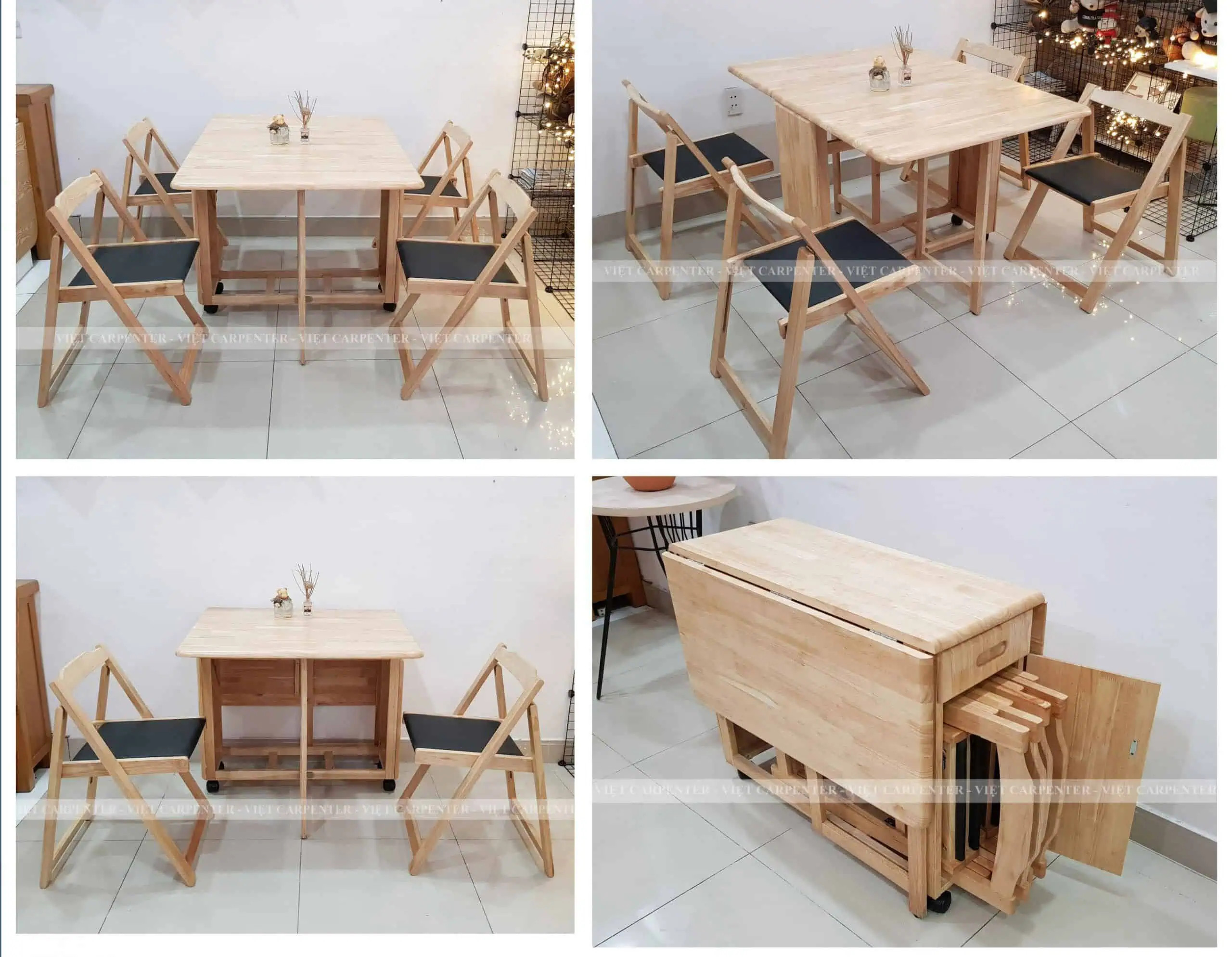 Bàn ăn cơm xếp gọn có bánh xe và ghế bọc nệm, tiện lợi di chuyển