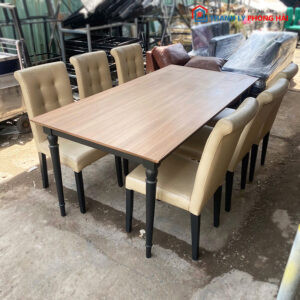 Bàn ăn cũ mặt gỗ kèm 6 ghế da cao cấp cho quán ăn