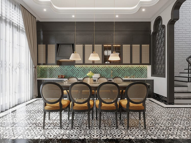 Bàn ăn gỗ chữ nhật với ghế tựa lưng mây đan đậm chất Indochine