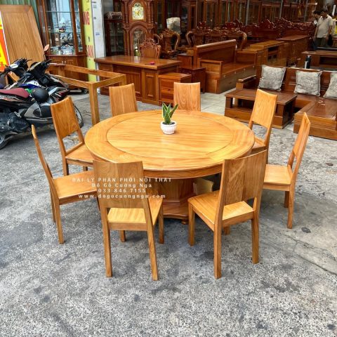 Bàn ăn gỗ gõ đỏ hình tròn 8 ghế với các chi tiết chạm khắc tinh tế