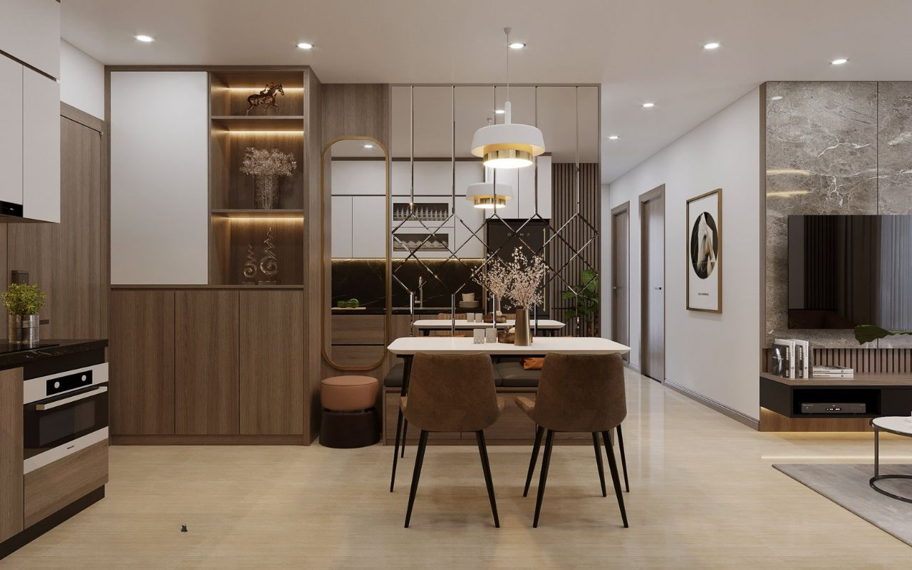 Bàn ăn gỗ hình chữ nhật dành cho 4 người, kích thước lý tưởng cho không gian nhỏ.