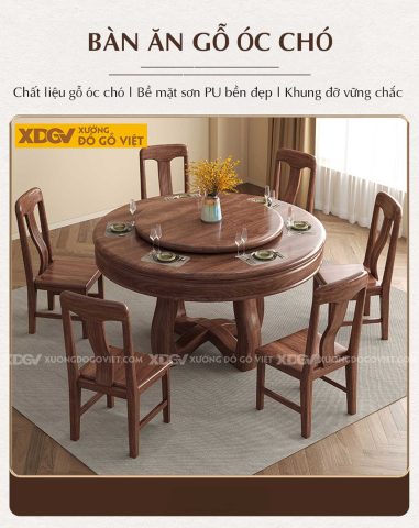 Bàn ăn gỗ óc chó 6 ghế chân trụ tân cổ điển mâm xoay