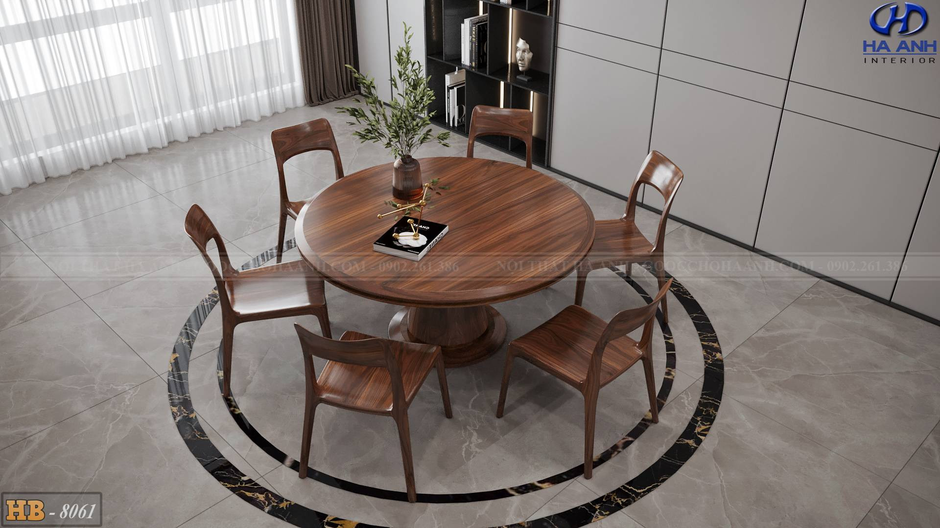 Bàn ăn gỗ óc chó HB 8061 với thiết kế bàn tròn và 6 ghế