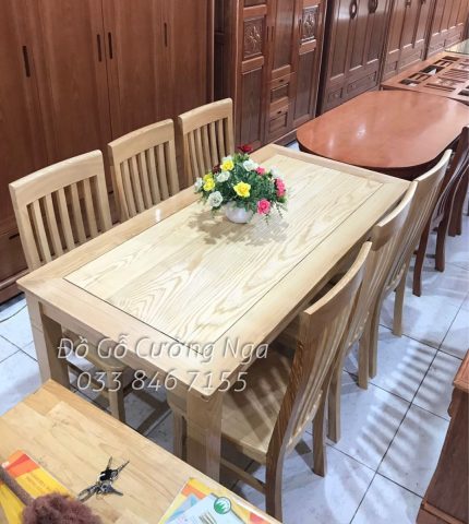 Bàn ăn gỗ sồi 6 ghế thiết kế hiện đại, mặt bàn gỗ sồi tự nhiên chắc chắn