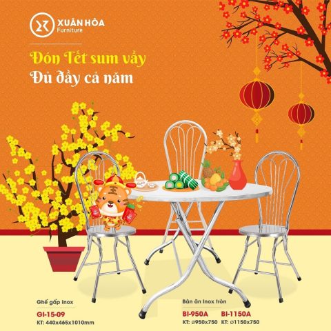 Bàn ăn inox tròn chân gấp tiện lợi cho không gian nhỏ