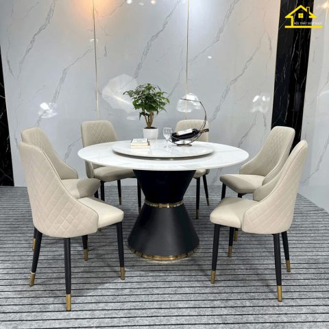 Bàn ăn mặt đá granite hình chữ nhật màu xám hiện đại cho phòng ăn sang trọng.