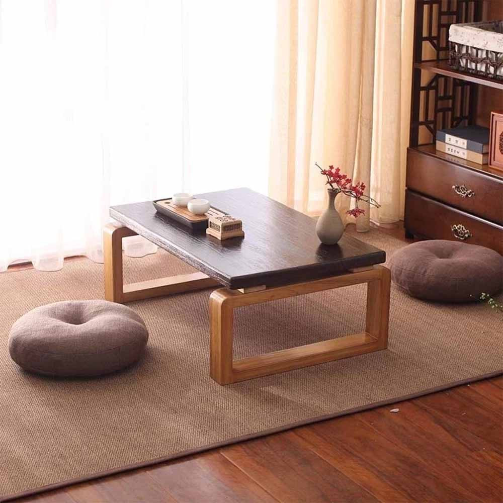 Bàn ăn ngồi bệt bằng gỗ tự nhiên, mặt bàn nâu đen, chân nâu vàng