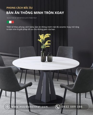 Bàn ăn thông minh tròn xoay với mặt đá ceramic vân mây trắng