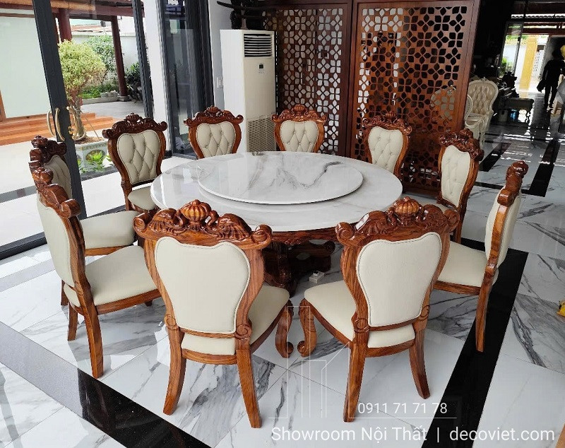 Bàn ăn tròn 8 ghế gỗ kết hợp mặt đá xoay với thiết kế sang trọng