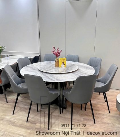 Bàn ăn tròn 8 ghế hiện đại với chân đế inox mạ vàng