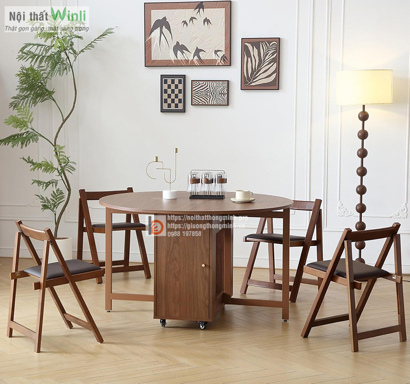 Bàn ăn tròn gấp bằng gỗ sồi tự nhiên với thiết kế sang trọng, tối ưu cho gia đình 4-6 thành viên.