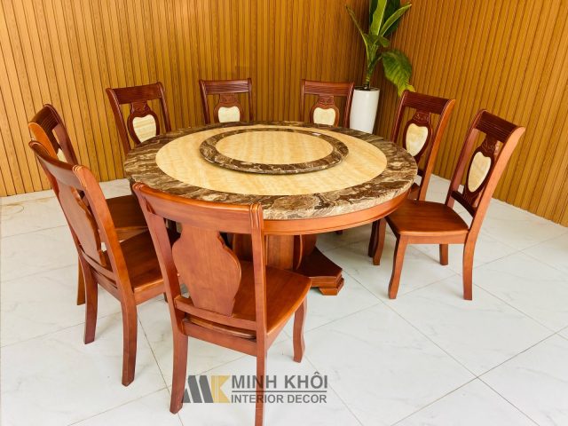 Bàn ăn tròn gỗ mặt đá tự nhiên kèm mâm xoay, lý tưởng cho 8 người
