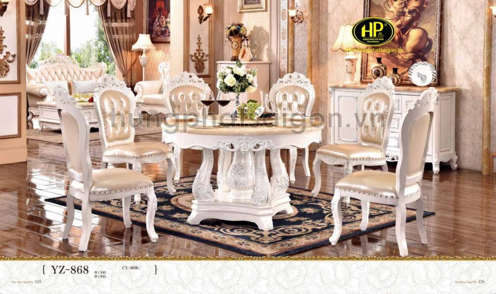 Bàn ăn tròn mâm xoay gỗ kết hợp mặt kính tinh tế, phong cách cổ điển