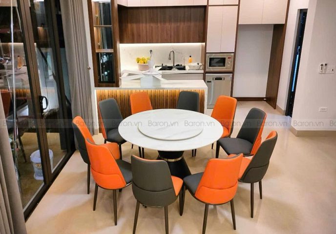 Bàn ăn tròn xoay 10 ghế mặt đá ceramic màu đen sang trọng