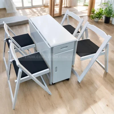Bàn ăn xếp gọn 4 ghế màu trắng có nệm, tối ưu không gian căn hộ hiện đại