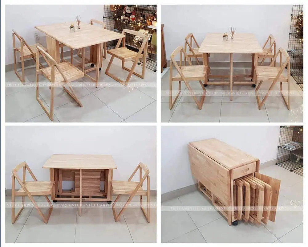 Bàn ăn xếp gọn có bánh xe, gỗ tự nhiên dài 1.2m với vân gỗ mộc mạc