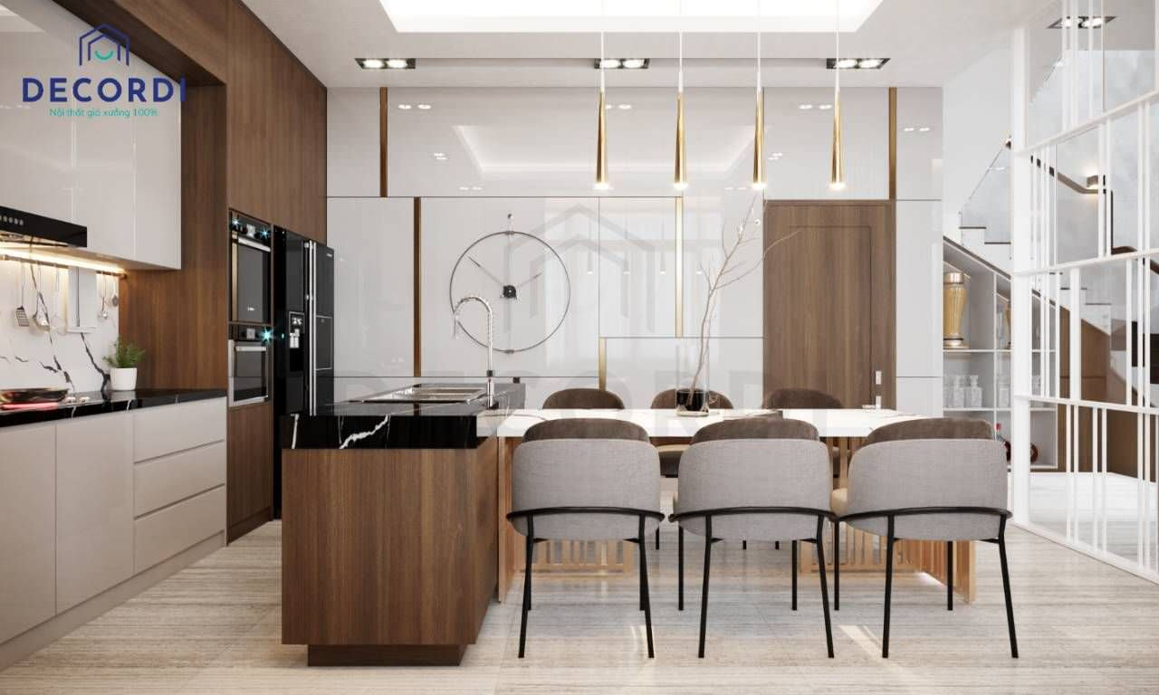 Bàn đảo bếp gỗ và đá