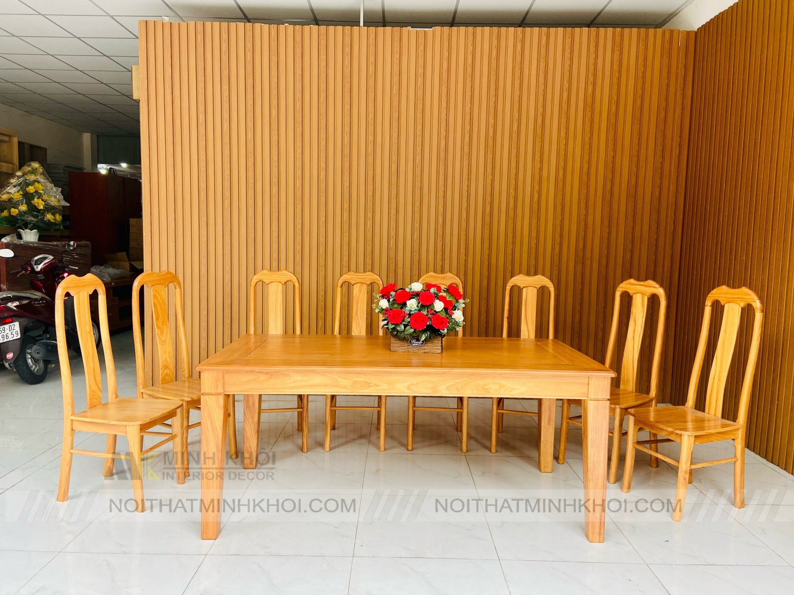 Bàn ghế ăn chữ nhật gỗ gõ đỏ cao cấp 8 ghế