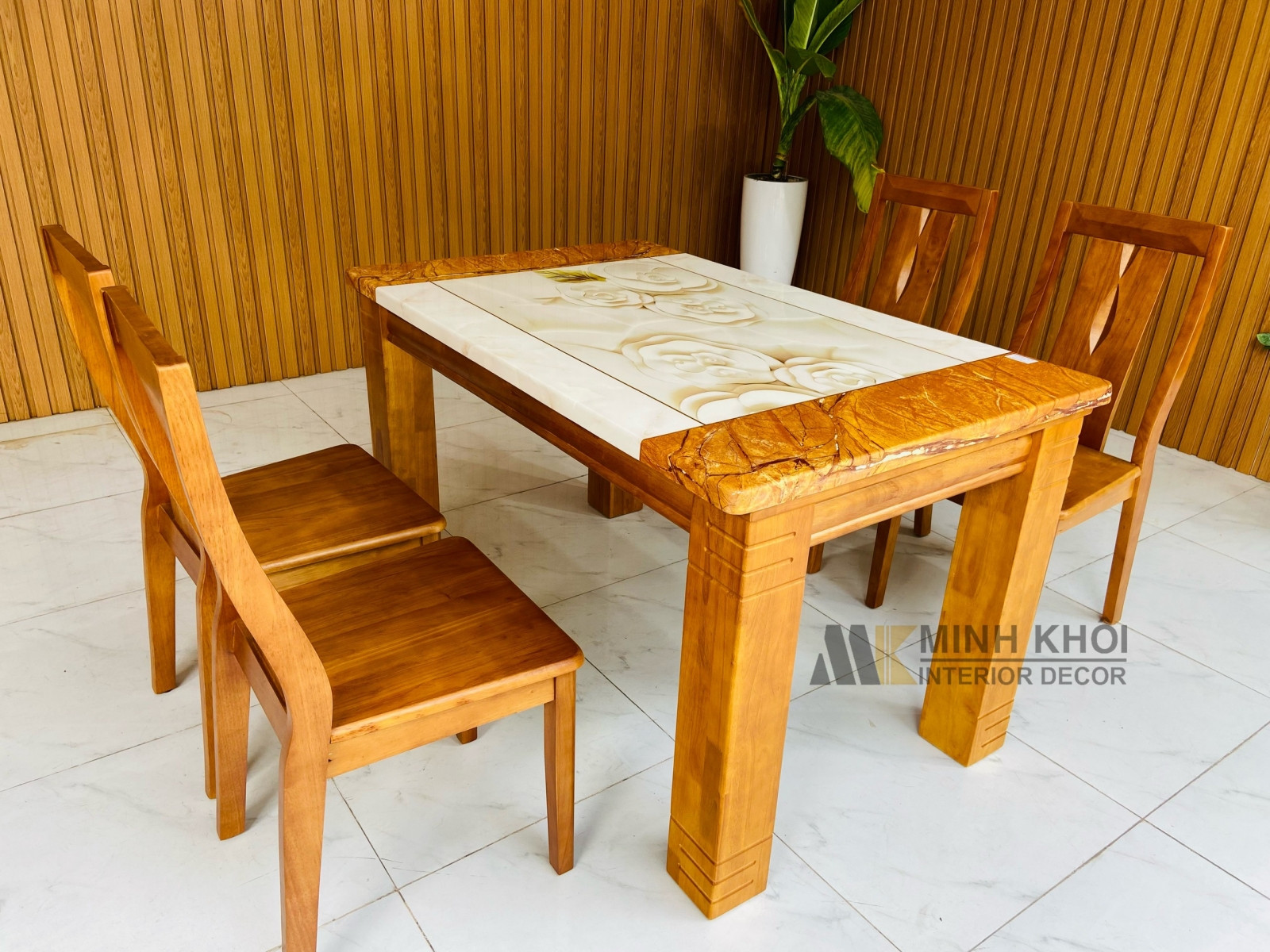 Bàn ghế ăn chữ nhật gỗ tự nhiên mặt đá 4 ghế