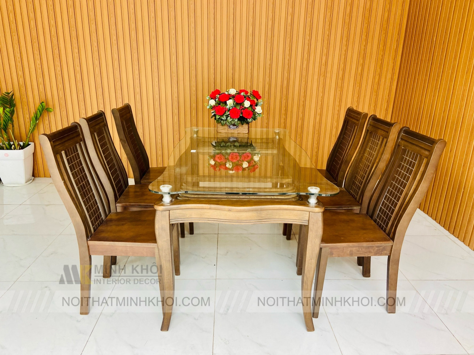 Bàn ghế ăn mặt kính gỗ sồi màu óc chó 6 ghế
