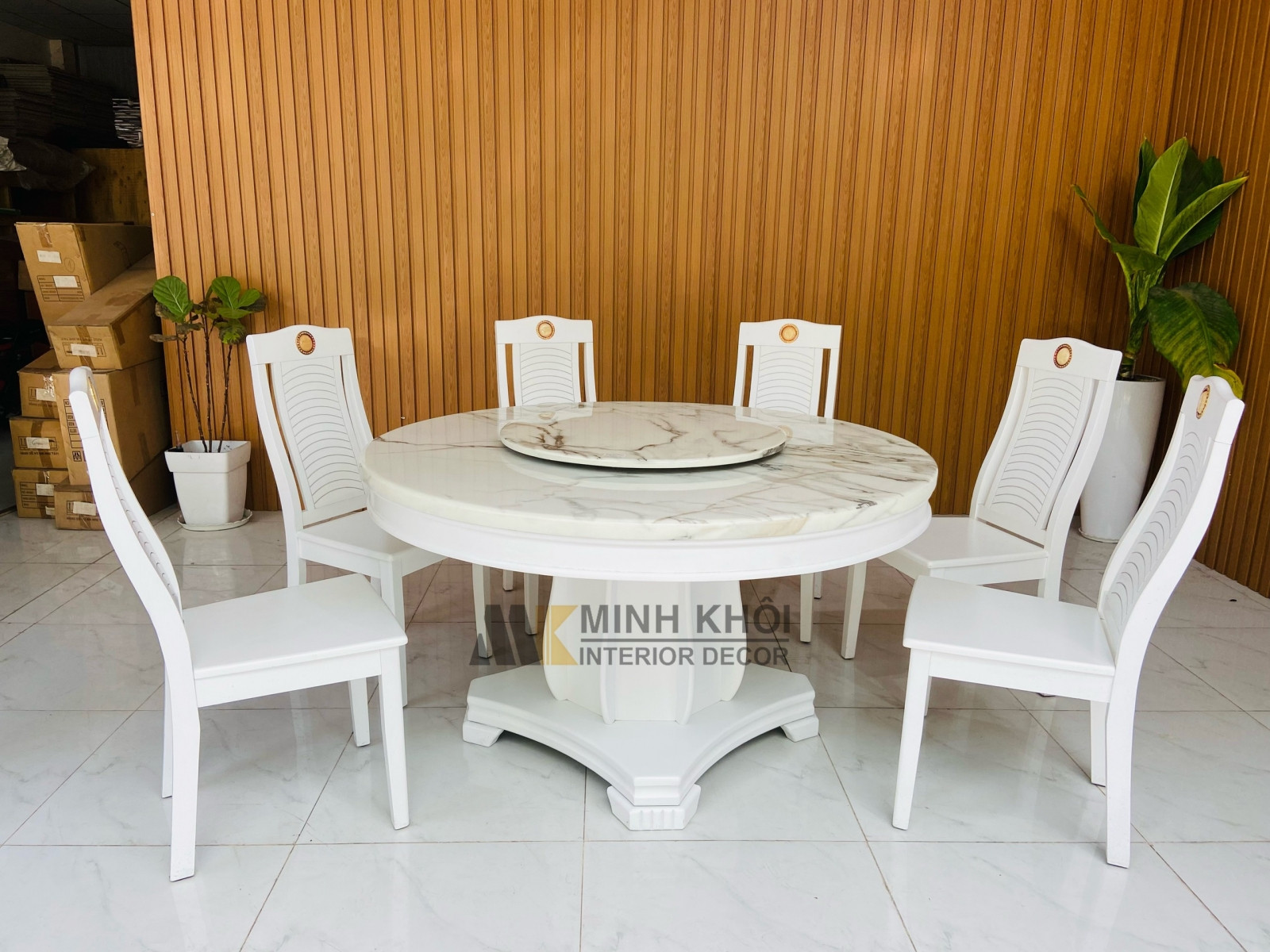 Bàn ghế ăn tròn gỗ tự nhiên mặt đá