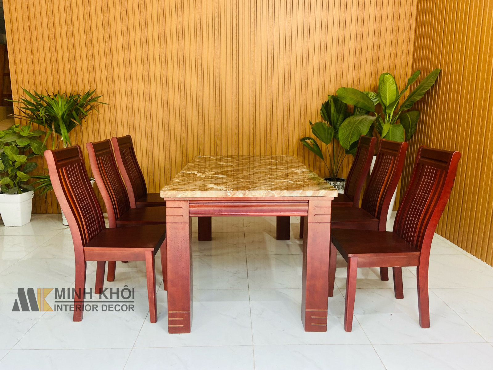 Bàn ghế ăn vuông gỗ tự nhiên mặt đá 6 ghế