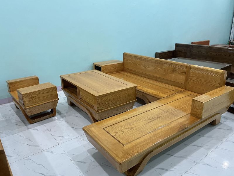Bàn ghế gỗ sồi phòng khách kiểu chữ L hiện đại, tối ưu diện tích