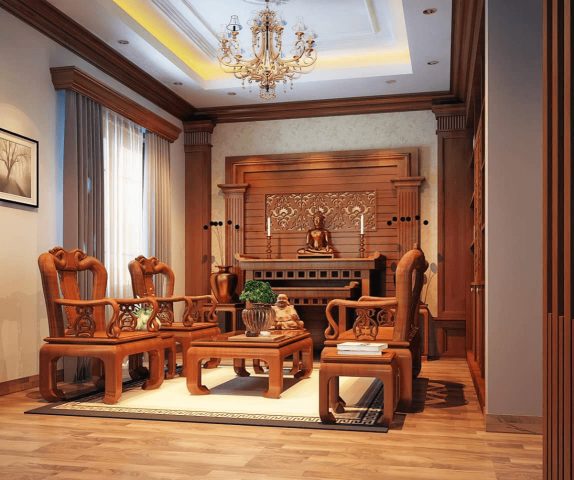 Bàn ghế gỗ tay 12 mang đến vẻ đẹp bề thế cho không gian phòng khách