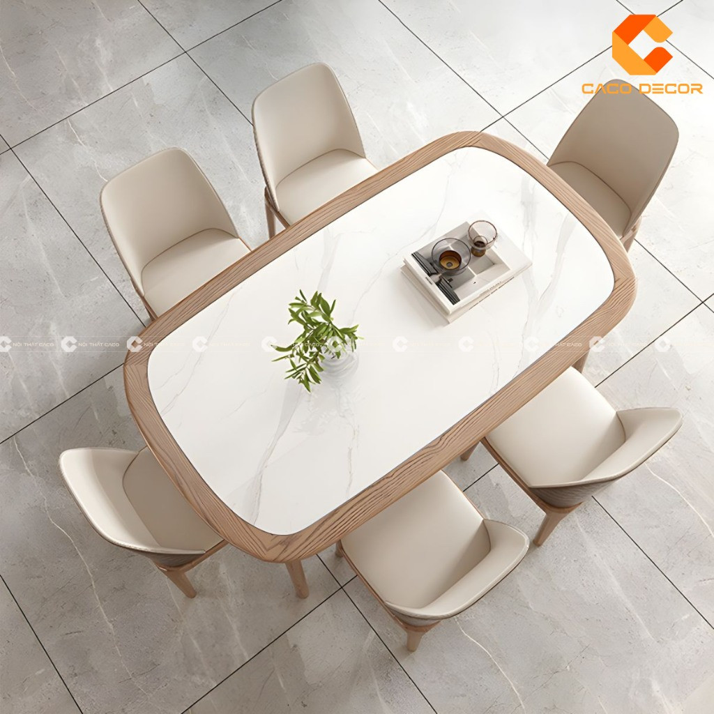 Bàn ghế phòng bếp hình oval 6 ghế gỗ sồi, thiết kế hiện đại