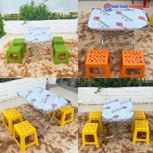 Bàn ghế quán ăn cũ kiểu ghế đôn nhựa đa dạng màu sắc