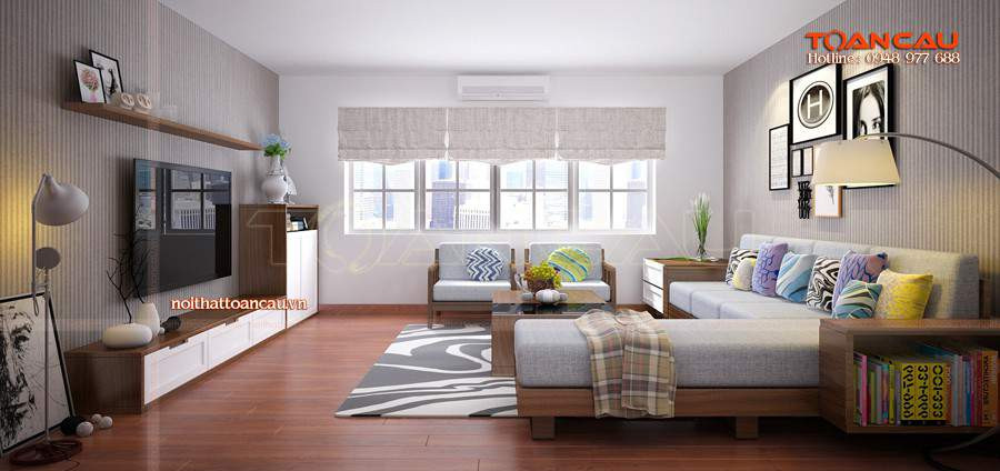 Bàn ghế sofa gỗ hiện đại với thiết kế tối giản, đệm nỉ êm ái