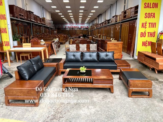 bàn ghế sofa gỗ sồi Nga với mặt kính chịu lực