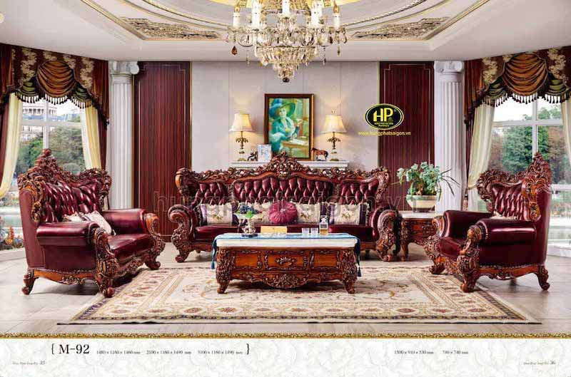 Bàn ghế sofa tân cổ điển khung gỗ hương đỏ
