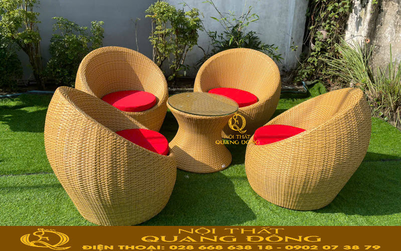 Bàn ghế trứng tròn nhựa giả mây màu vàng honey tự nhiên