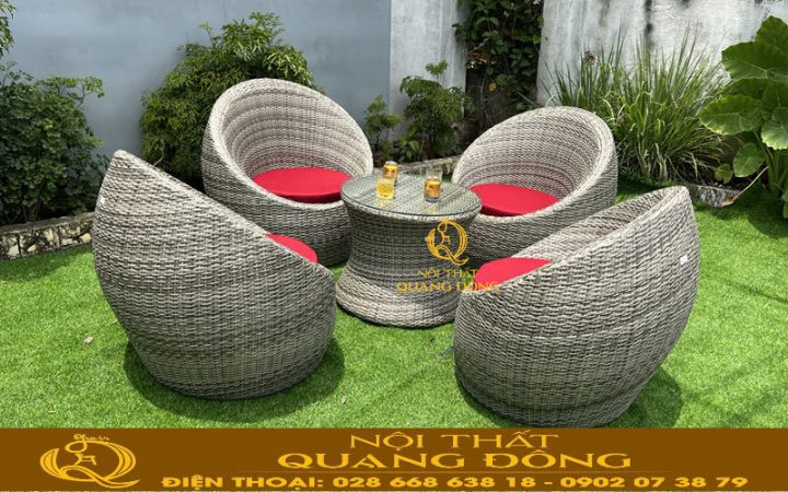 Bàn ghế trứng tròn nhựa giả mây màu xám khói đẹp mắt