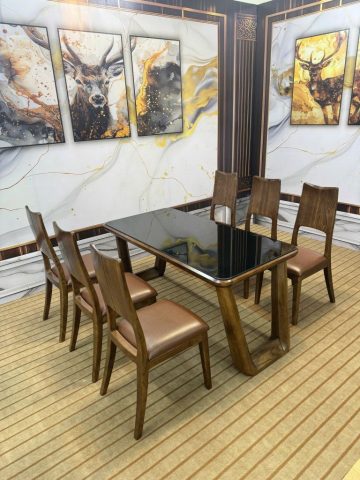 Bàn gỗ chân quỳ nguyên khối với 6 ghế gỗ sồi Nga