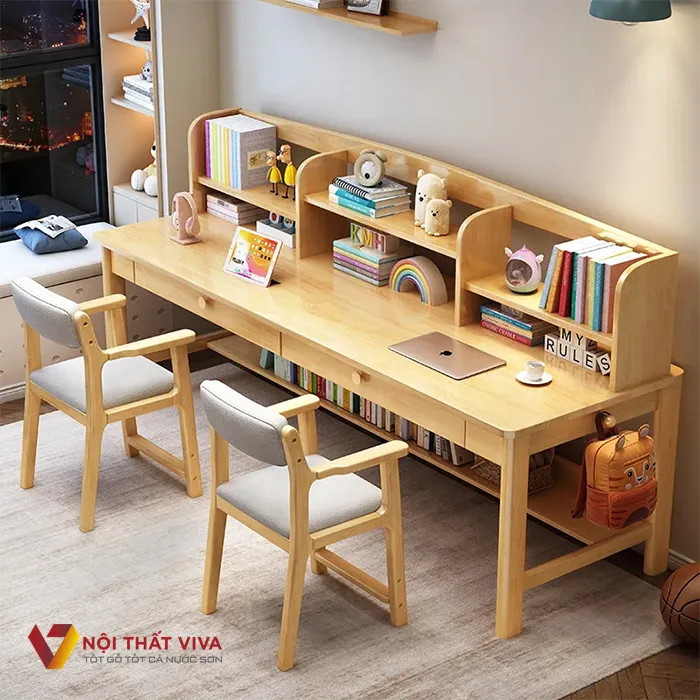 bàn học đôi bằng gỗ tự nhiên cho hai bé