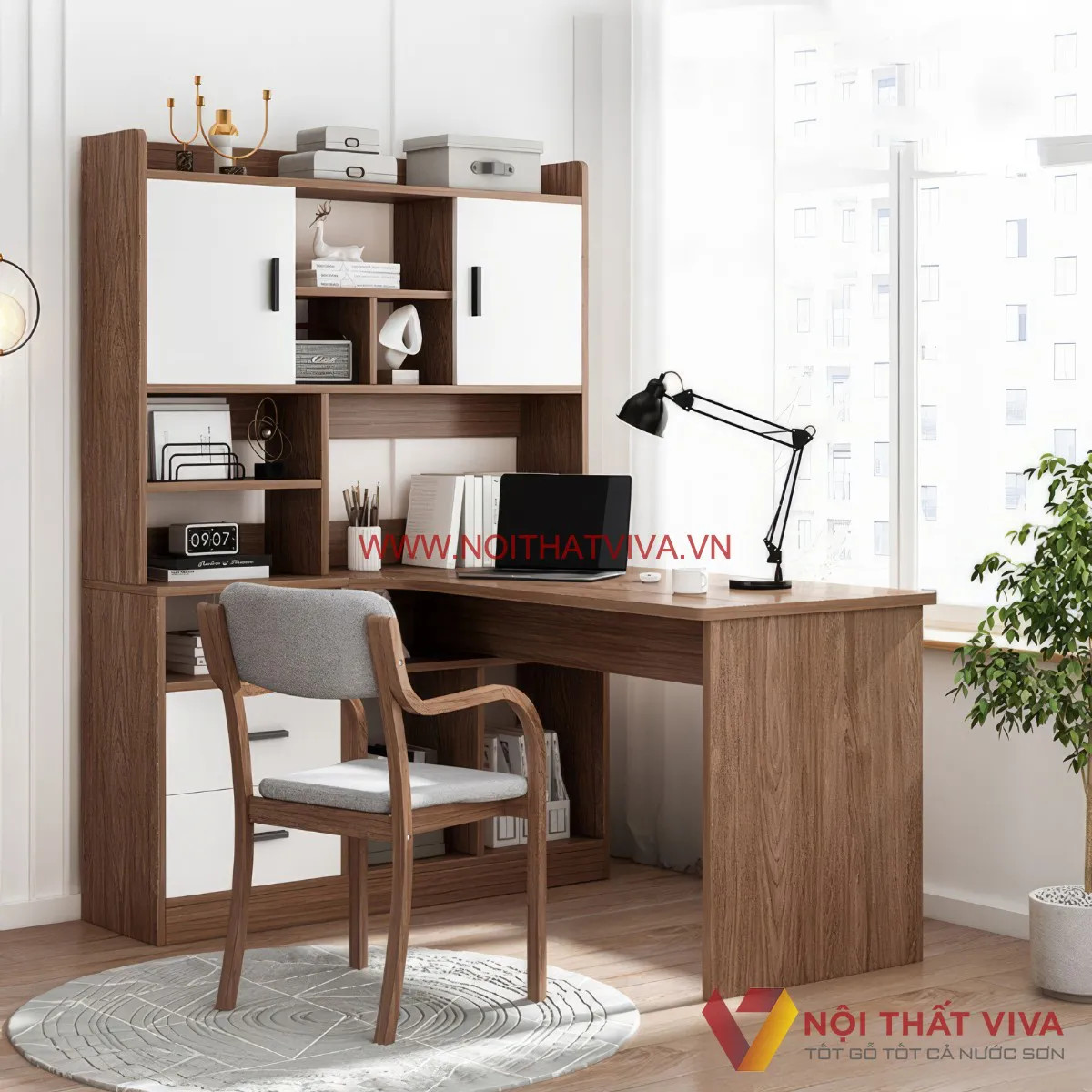 Bàn học gỗ công nghiệp chữ L có giá sách tối ưu