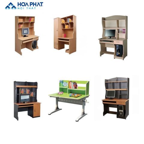 Bàn học sinh Hòa Phát có giá sách với thiết kế hiện đại, màu gỗ tự nhiên
