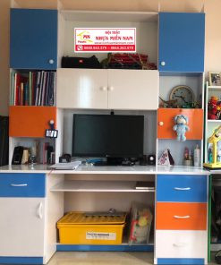 Bàn học sinh nhựa màu xanh dương kết hợp tủ sách và ngăn kéo