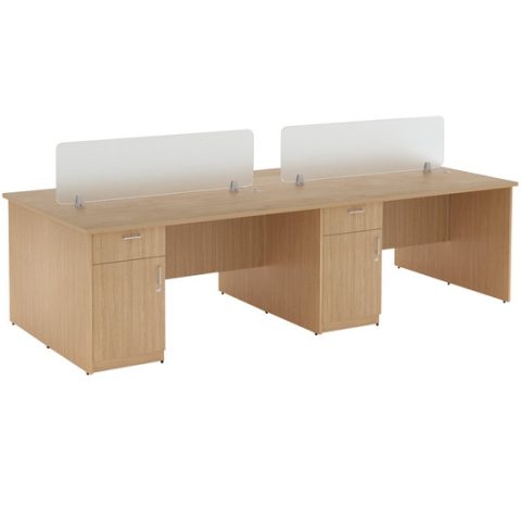 Bàn làm việc 4 chỗ ngồi hiện đại với vách ngăn kính và hộc tủ tiện lợi