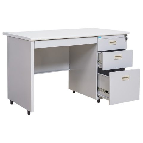 Bàn làm việc bằng sắt hiện đại với mặt gỗ laminate màu sáng và hộc kéo tiện lợi