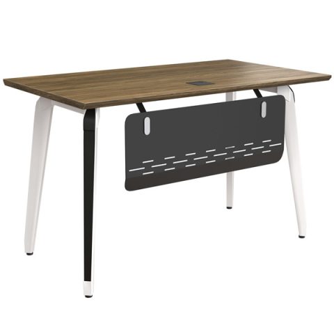 Bàn làm việc chân sắt 1m6 với thiết kế hiện đại, mặt gỗ melamine màu sáng, chân thép sơn tĩnh điện màu trắng và ốp đen, phù hợp không gian văn phòng