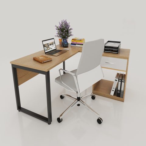 Bàn làm việc gỗ hiện đại và ghế xoay ergonomic, minh họa cho việc tính khấu hao tài sản