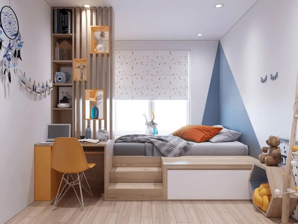 Bàn làm việc gỗ với thiết kế tối giản, hài hòa với phong cách nội thất hiện đại của phòng ngủ