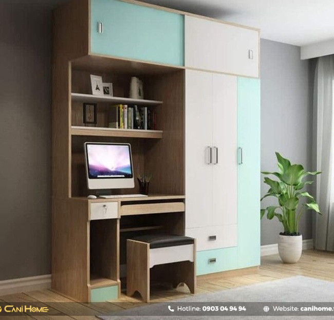 Bàn làm việc kèm tủ quần áo và kệ sách liền kề