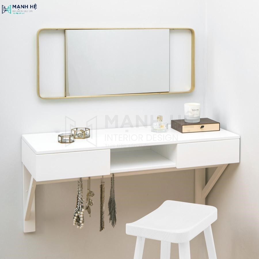 Bàn làm việc kết hợp bàn phấn tông màu trắng có mặt bàn rộng rãi giúp gia chủ dễ dàng tận dụng làm việc